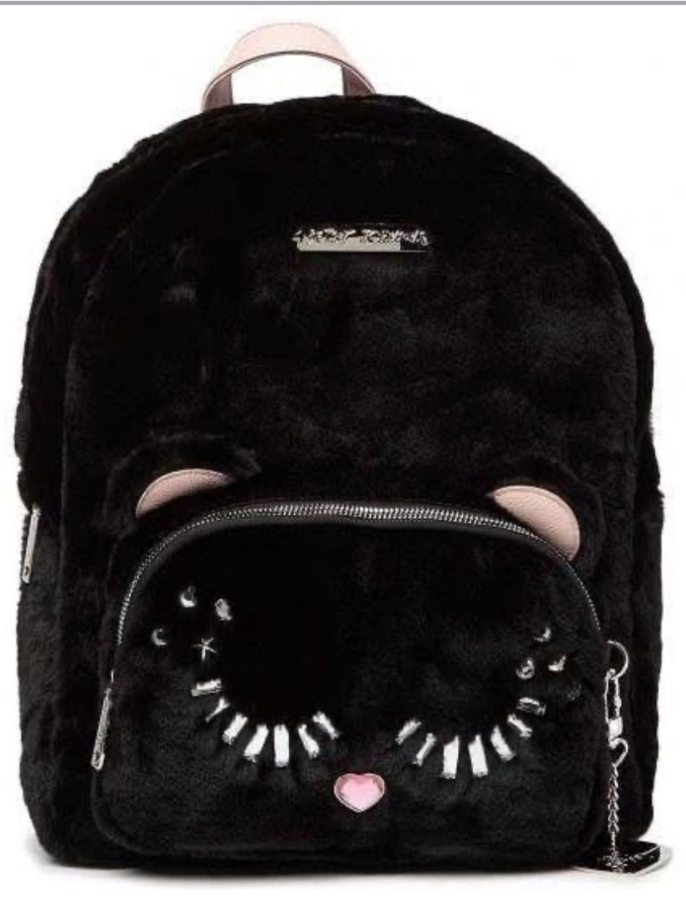 Betsey Johnson Black Fluffy Faux-Fur Cat LG Backpack w/Pink Accents LUV BETSEY